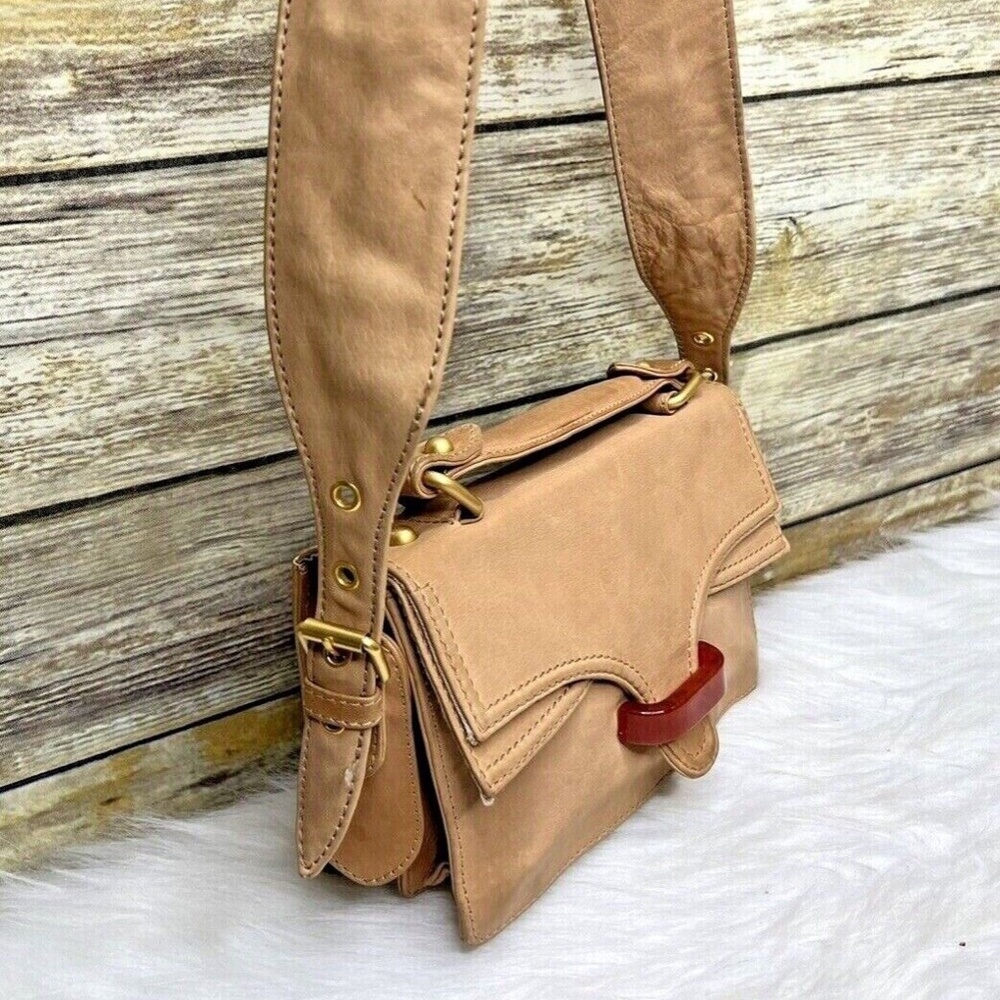 Uterque Natural Tan Brown Leather Front Buckle Small Satchel Purse Shoulder Bag - Picture 2 of 12